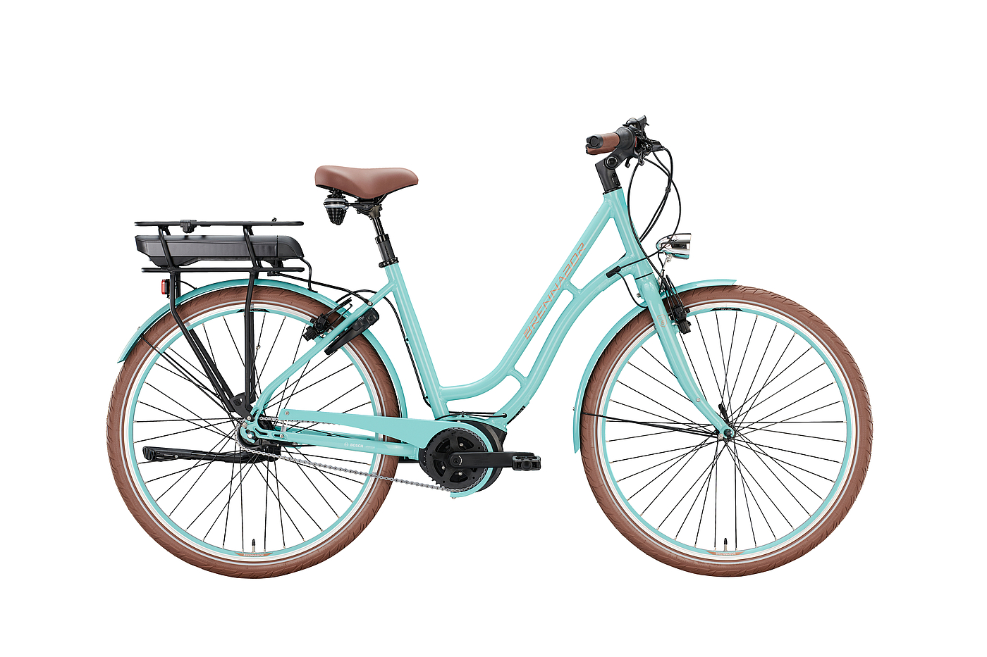 Brennabor R-20e Ein hellblaues Elektrofahrrad mit Schwanenhals von Brennabor.