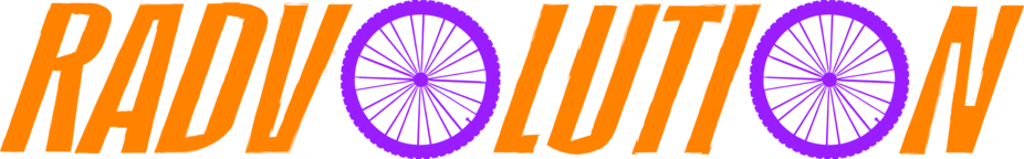 Logo RADvolution lang orange auf weiß mit Speichenrädern Logo RADvolution lang orange auf weiß mit Speichenrädern