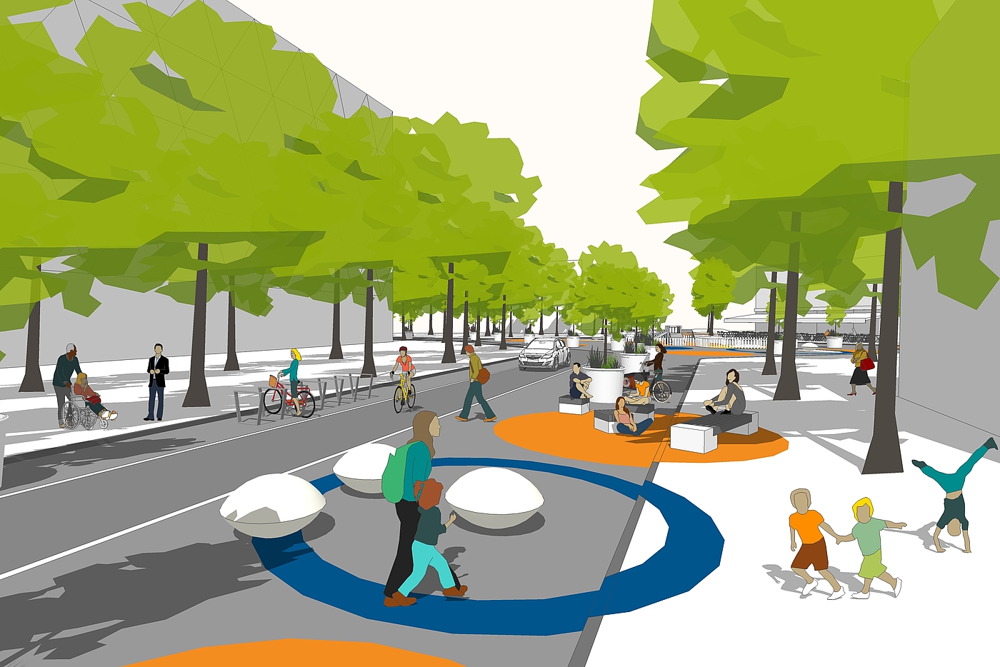 Barcelona 2 (Grafik von Timm Schwendy) Grafik zeigt verkehrsberuhigtes Wohnviertel, Fußgänger auf einer Fahrbahn, eine weitere Fahrbahn wird von einem Auto benutzt