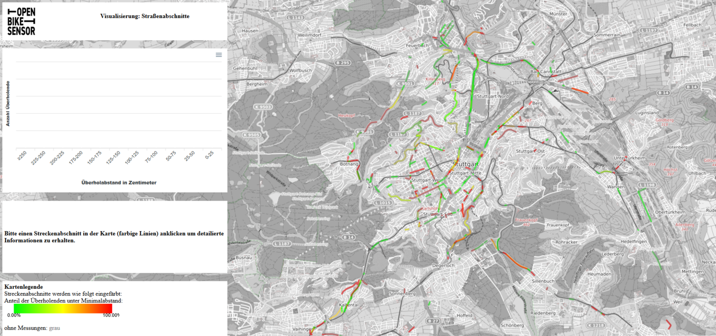 Cape Reviso: Überholabstände Stuttgart Visualisierung Projekt Cape Reviso: Mit dem OpenBikeSensor gemessene Überholabstände in Stuttgart mit Legende.