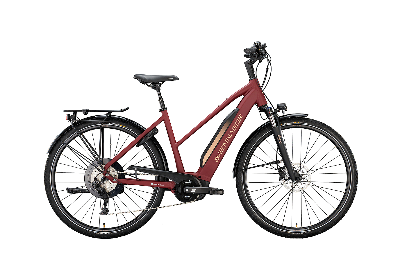 Brennabor T-48e Ein dunkelrotes Elektro-Trekkingrad von Brennabor mit Trapezrahmen.