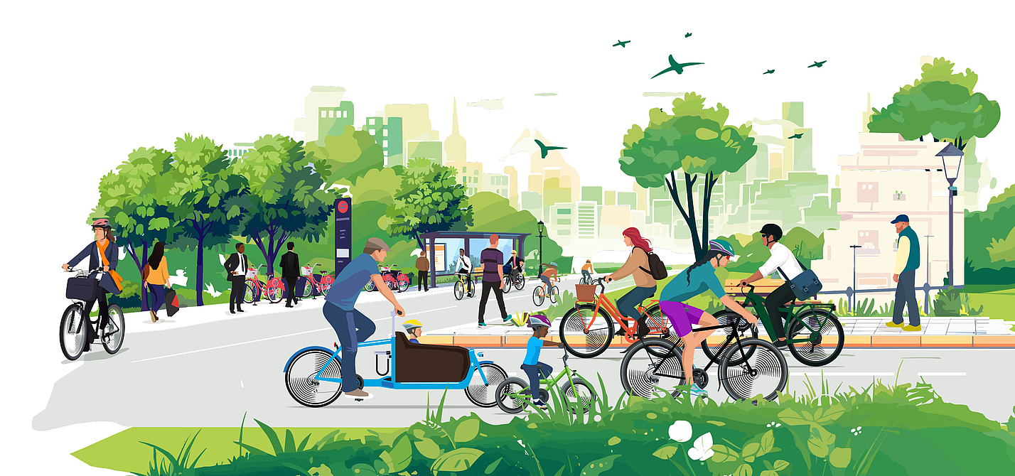 Studie zum Potenzial des Radverkehrs Grafik mit Menschen, die sich auf dem Fahrrad in einer Stadt bewegen