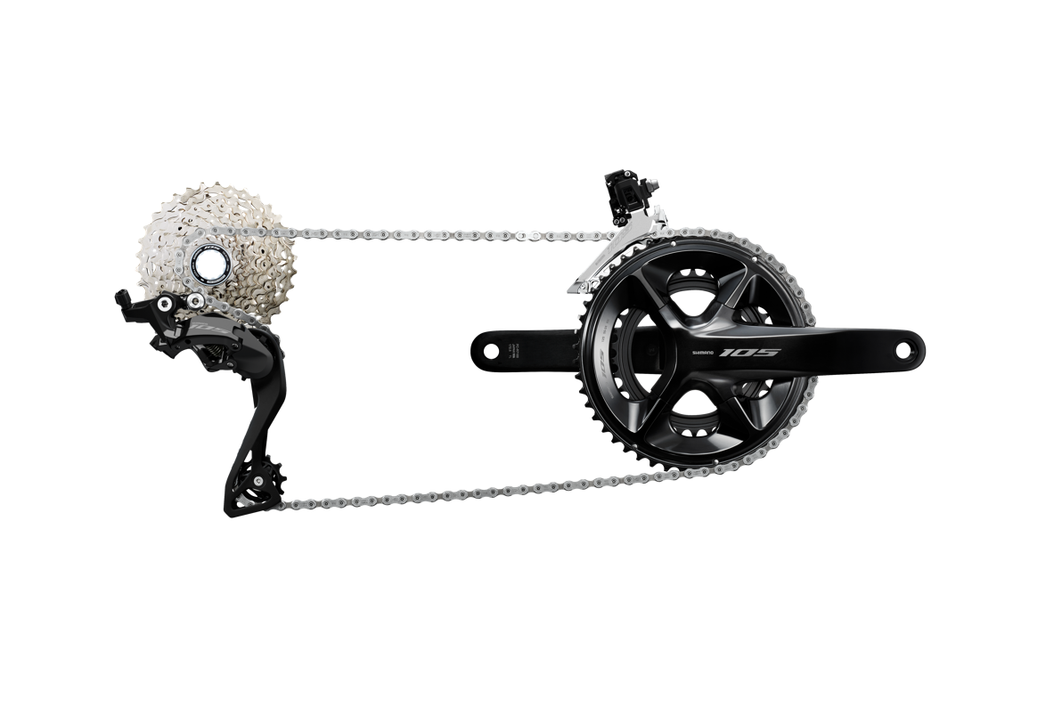 Shimano 105 Freistellerbild der Antriebsteile der neuen Shimano 105-Gruppe.