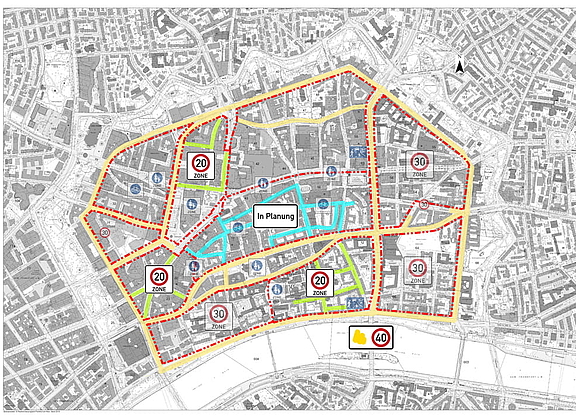 Das Bild zeigte eine Straßenkarte der Frankfurter Innenstadt auf dem das Blockkonzept eingezeichnet ist.