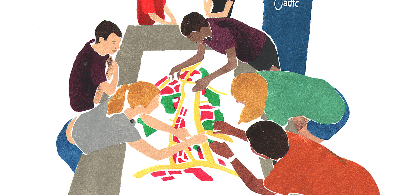 Illustration einer Gruppe an einem Tisch